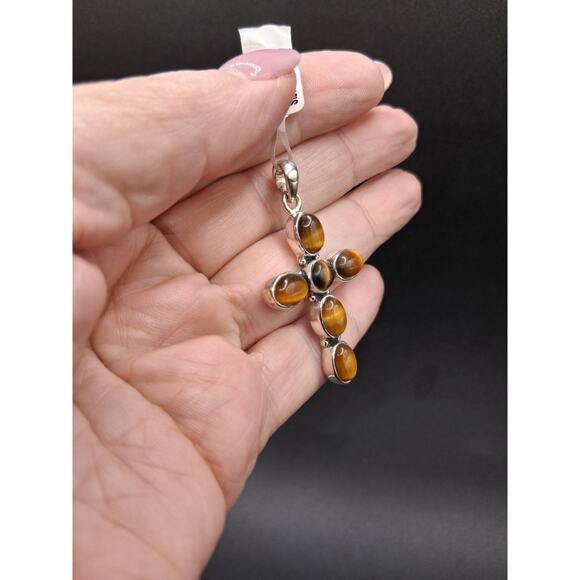 Cross Pendant, Tigers Eye, 925 SS, Men or Women, Closed Back, Boho, Spiritual - Picture 2 of 8